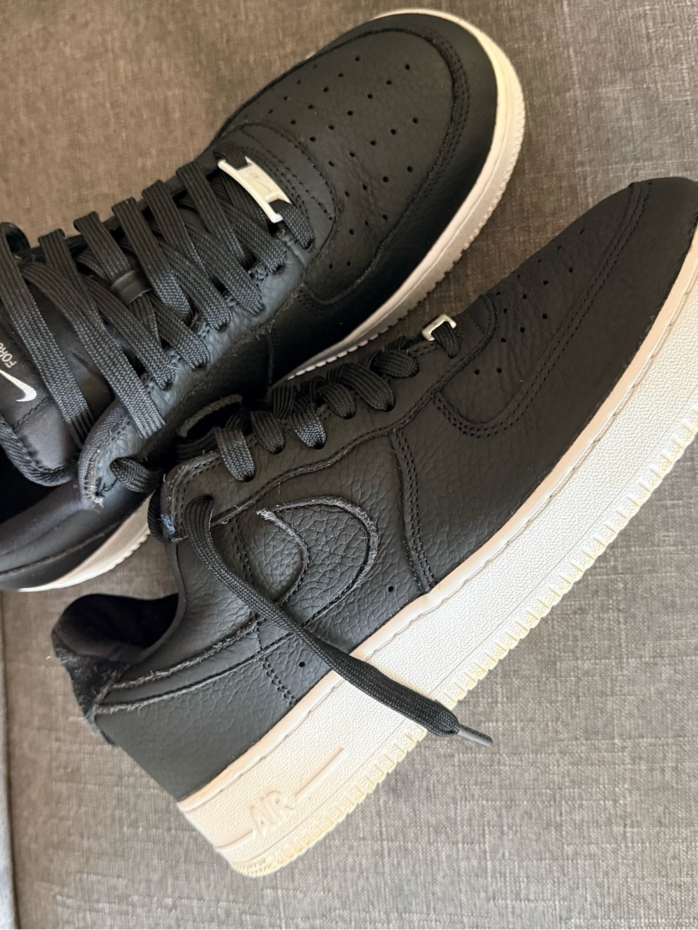 Nike Air Force Ones Low. Men’s Black Leather Low-Top Sneakers with White Sole - Picture 2 of 3